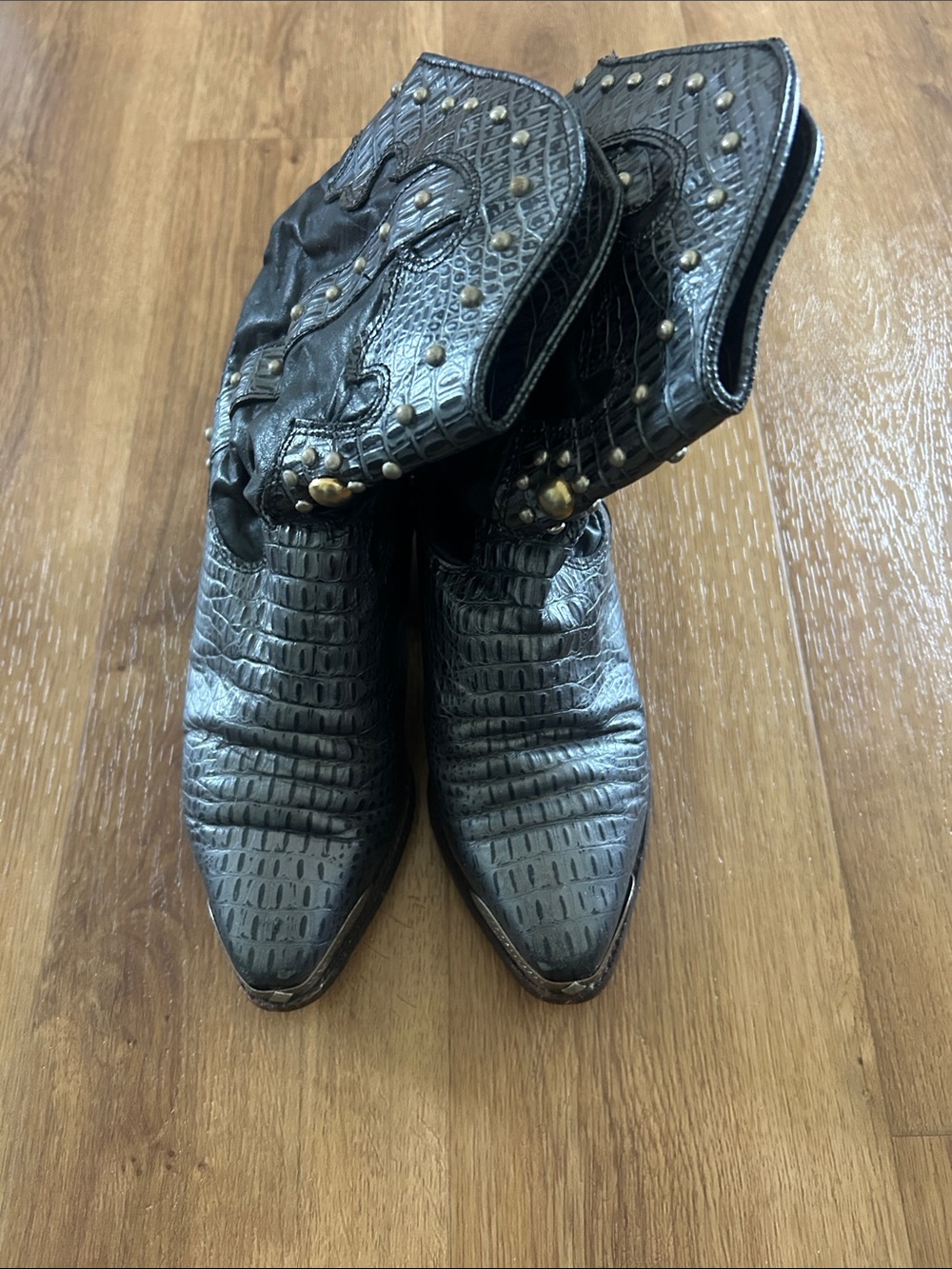 Zodiac Black Croc-Embossed Studded Pointed-Toe Boots Vintage 80s